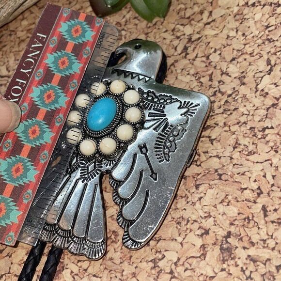 Unique Thunderbird T-Bird White Blue Turquoise Concho Lariat Bolo Tie Wedding - Picture 10 of 16